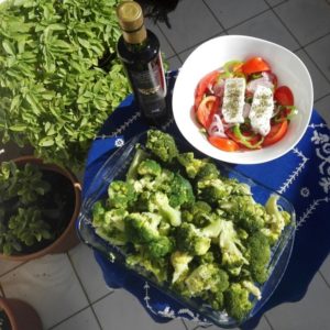 Myrolion olive oil and lemon juice complement steamed broccoli.