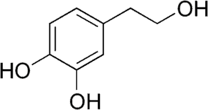 Chemical Structure of Hydroxytyrosol, a phenol in high phenolic olive oil.