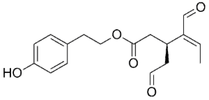 Chemical structure of Oleocanthal, a phenolic compound that can be found in high phenolic olive oil.