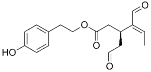 Chemical structure of Oleocanthal, a phenolic compound that can be found in high phenolic olive oil.