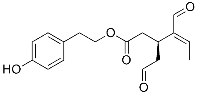 Chemical structure of Oleocanthal, a phenolic compound that can be found in high phenolic olive oil.