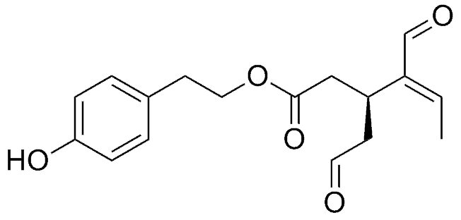 Oleocanthal Chemical structure of Oleocanthal, a phenolic compound that can be found in high phenolic olive oil.