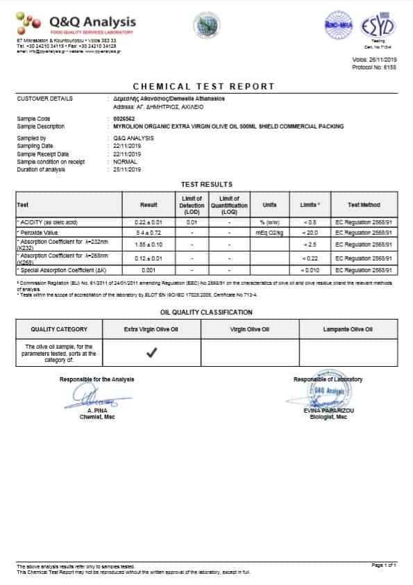 Myrolion fresh pressed olive oil chemical analysis 2020