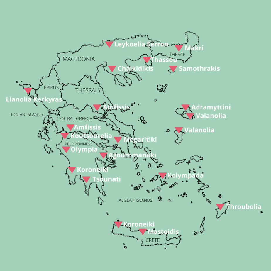 Map of Greece with locations of olive cultivars used to make Greek olive oil.