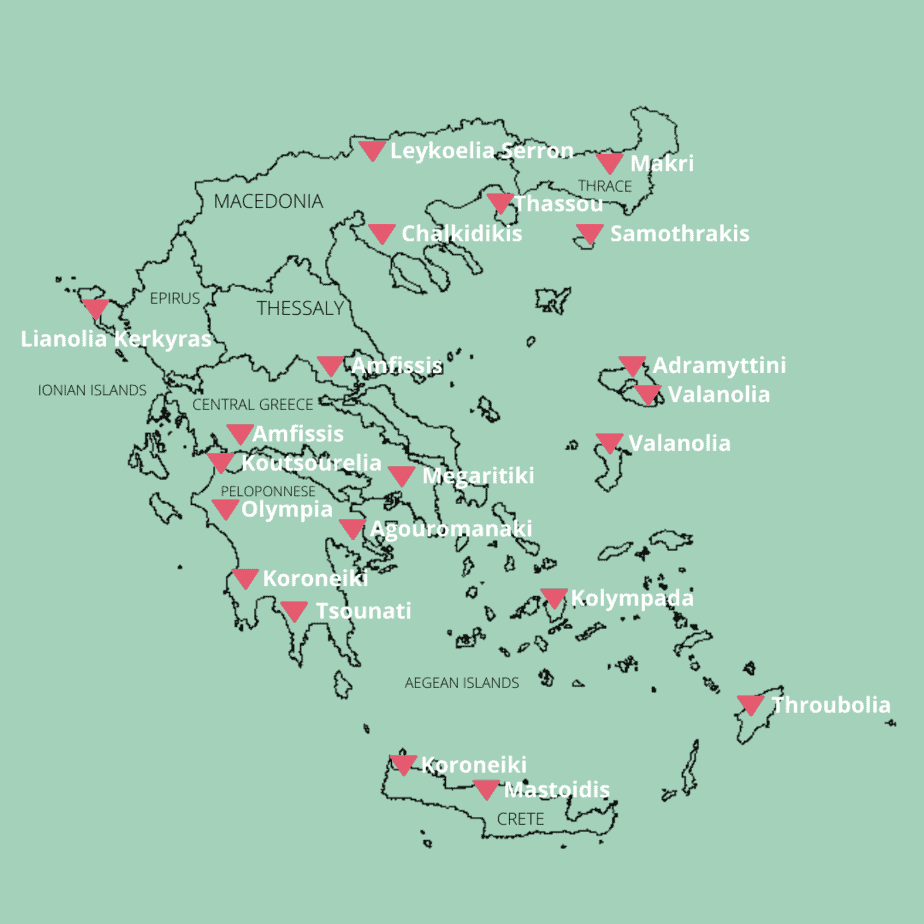 Map-Greece-Olive-Cultivars-Greek-Olive-Oil Map of Greece with locations of olive cultivars used to make Greek olive oil.