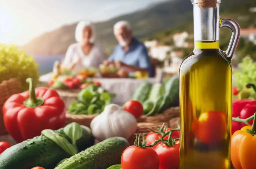 A bottle of olive oil next to fresh vegetables with a Mediterranean backdrop, highlighting the connection between olive oil and dementia prevention.