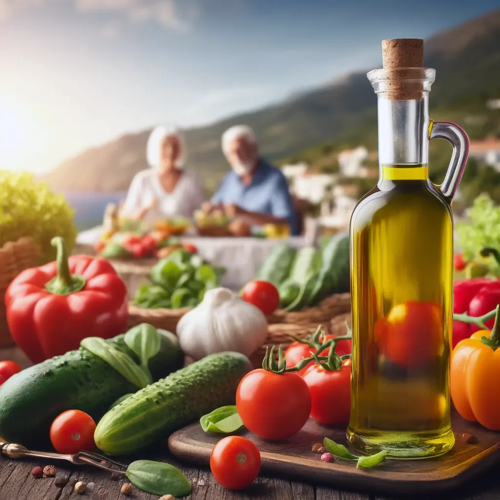 Olive oil and dementia Study 2024 A bottle of olive oil next to fresh vegetables with a Mediterranean backdrop, highlighting the connection between olive oil and dementia prevention.