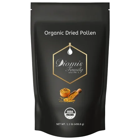 Mockup of organic dried pollen product from Diomis Family