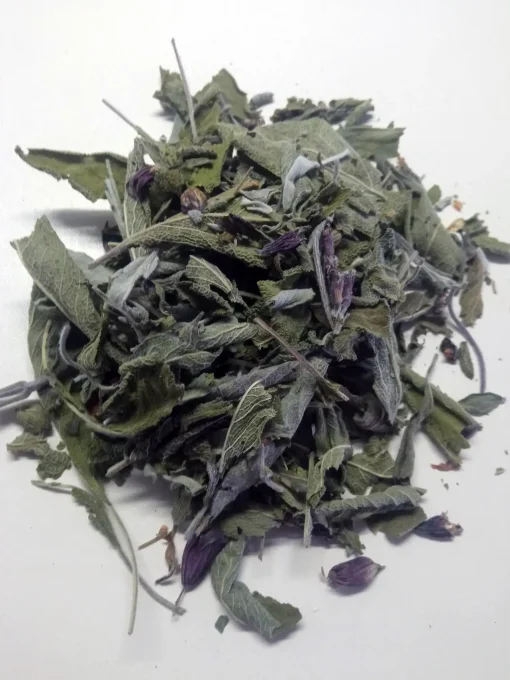 Dried leaves and blossoms of organic sage