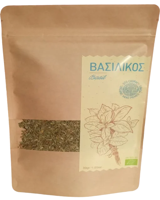 Recyclable and resealable stand-up pouch of organic basil from Sto Chorafi brand.