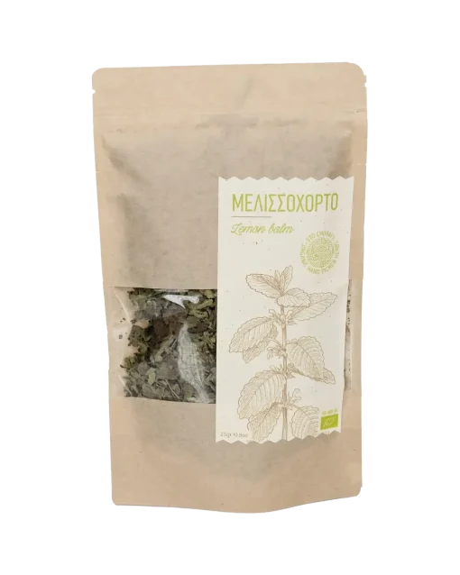 Recyclable and reusable stand-up pouch of dried organic lemon balm blossoms.