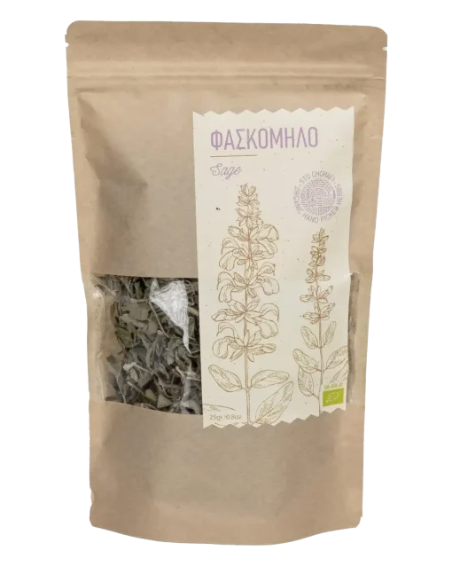 Recyclable and reusable stand-up pouch containing dried leaves and blossoms of organic sage, by Sto Chorafi