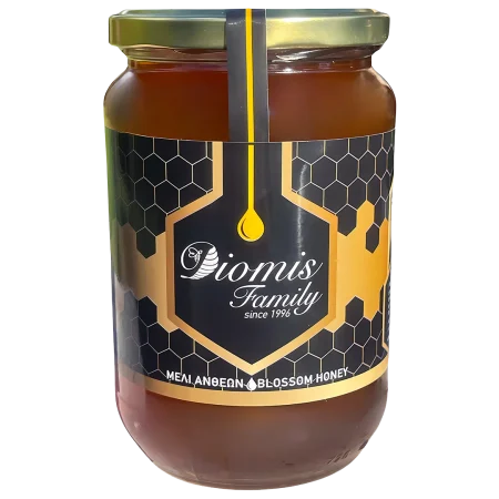 Product photo of organic blossom honey by Diomis Family brand.