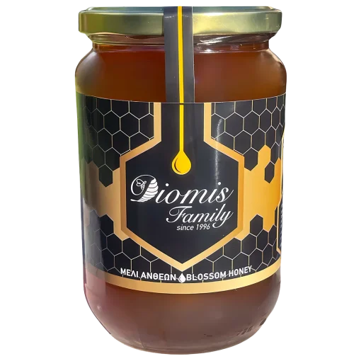 Product photo of organic blossom honey by Diomis Family brand.