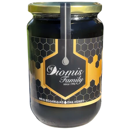 Product photo of organic oak honey from Diomis Family brand.