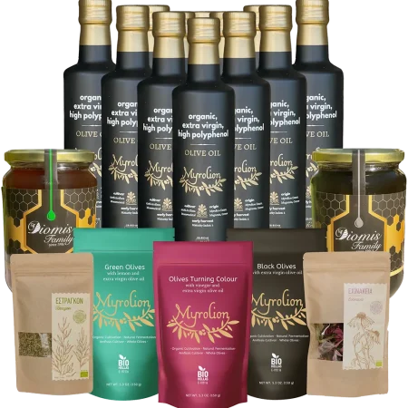Bundle of olive products, bee products and dried herbs. All organic. Brands: Myrolion, Diomis Family, Sto Chorafi